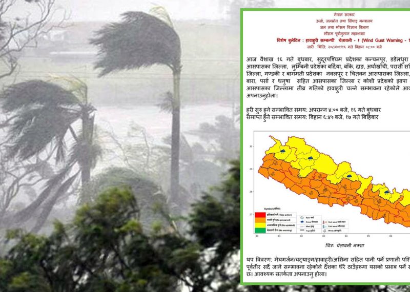 चार प्रदेशमा आज साँझदेखि तीव्र गतिको हावाहुरीको जोखिम